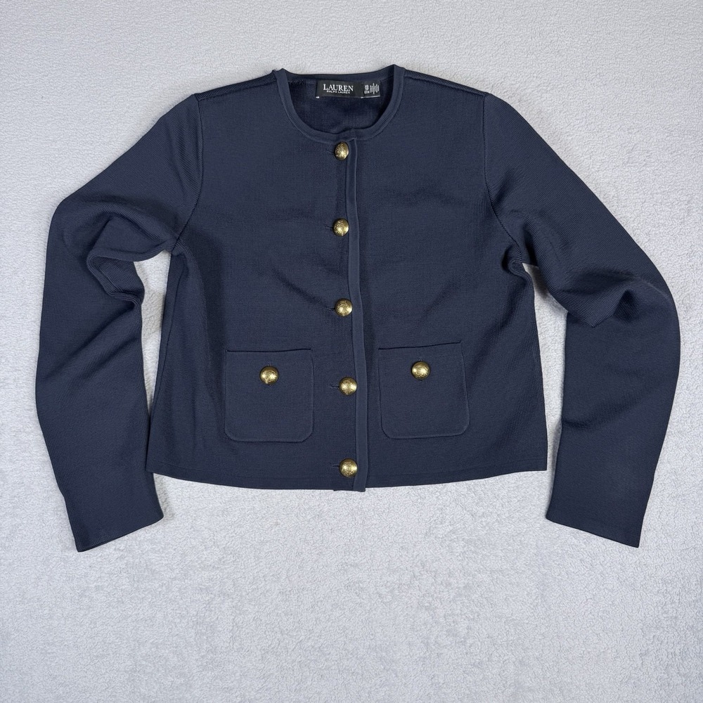 Lauren Ralph Lauren Cardigan Womens XS Navy Blue Gold Button Knit Sweater Jacket